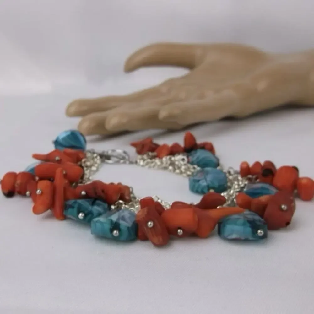 Red Coral Artisan Glass Bracelet Silver Tone Dangle‎ Triple Strand 8.25”
